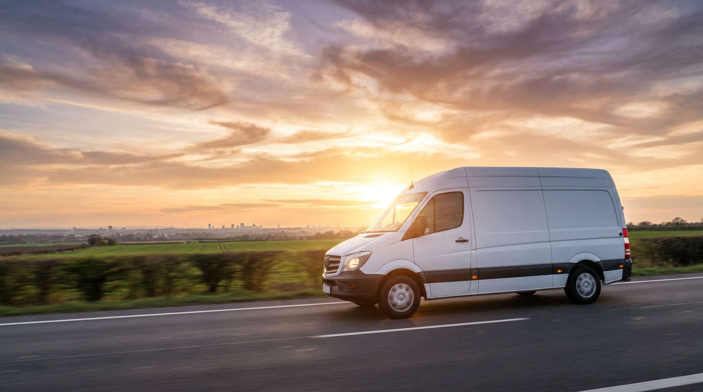 Bus Kajo Logistics w trasie o złotej godzinie