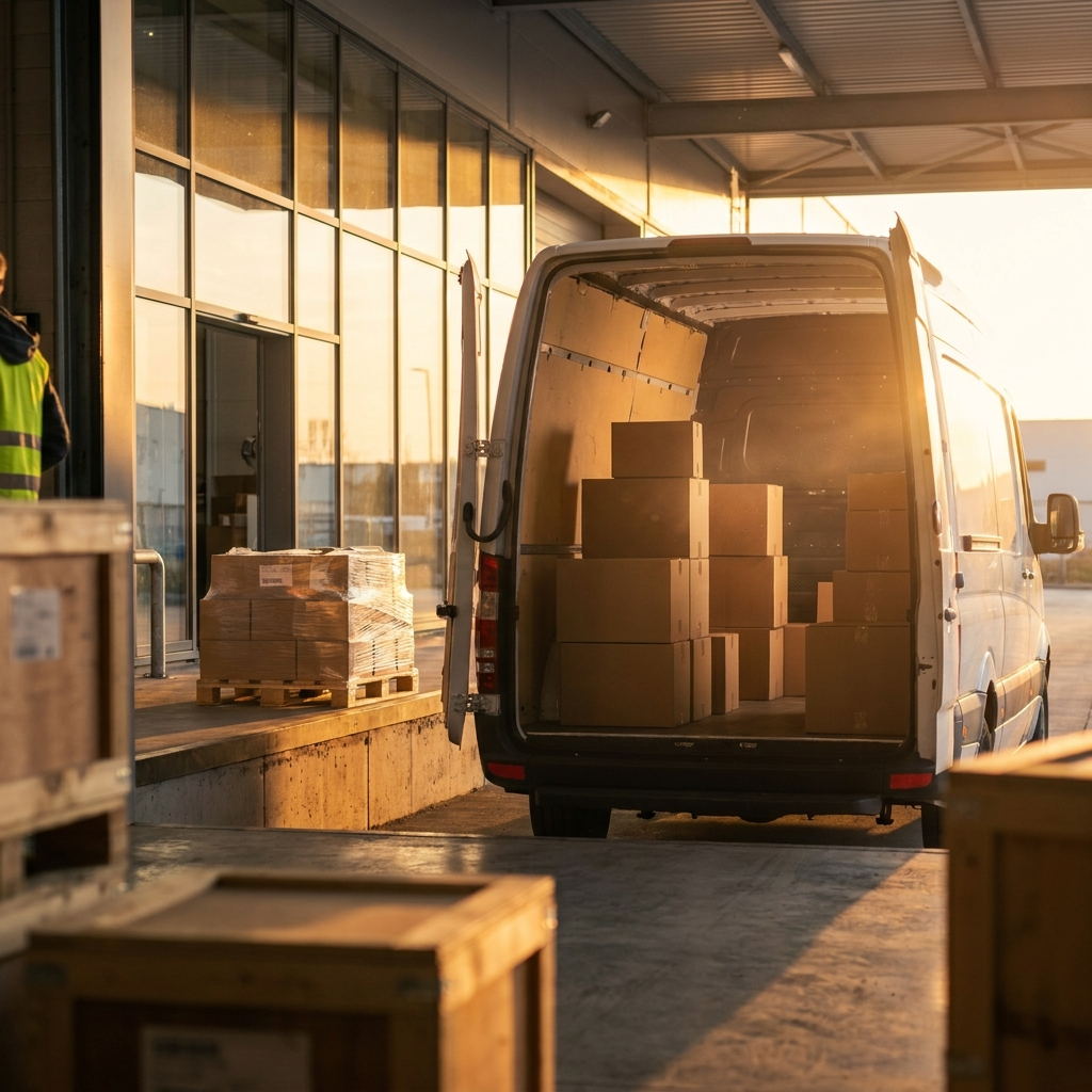 Bus Kajo Logistics przy rampie magazynu podczas załadunku paczek